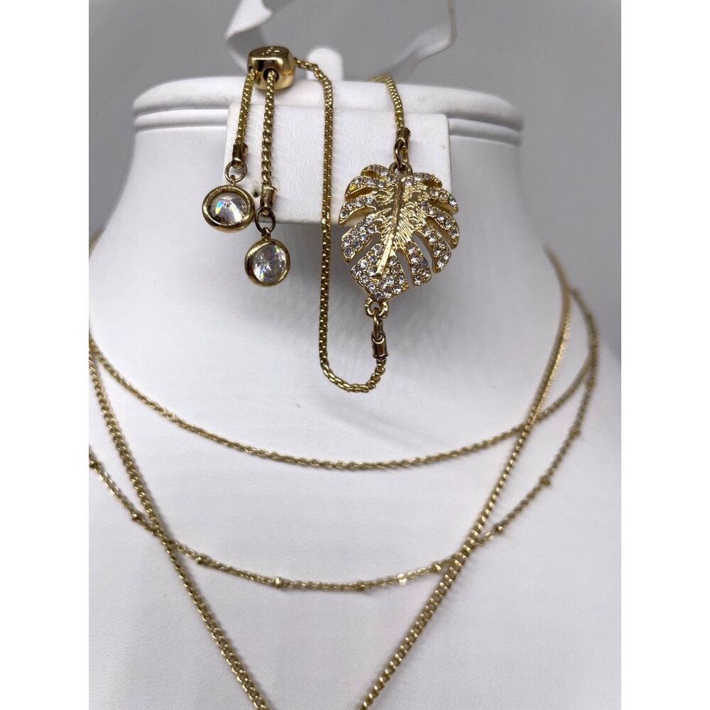 Lilly Pulitzer Gold-Tone Monstera Leaf Necklace Adjustable Bracelet Set READ - Picture 3 of 9